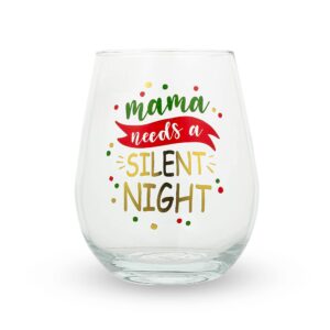 your dream party shop mama needs a silent night 22oz christmas stemless wine glass, wine holiday gifts, perfect christmas drinking glasses, funny christmas wine glasses
