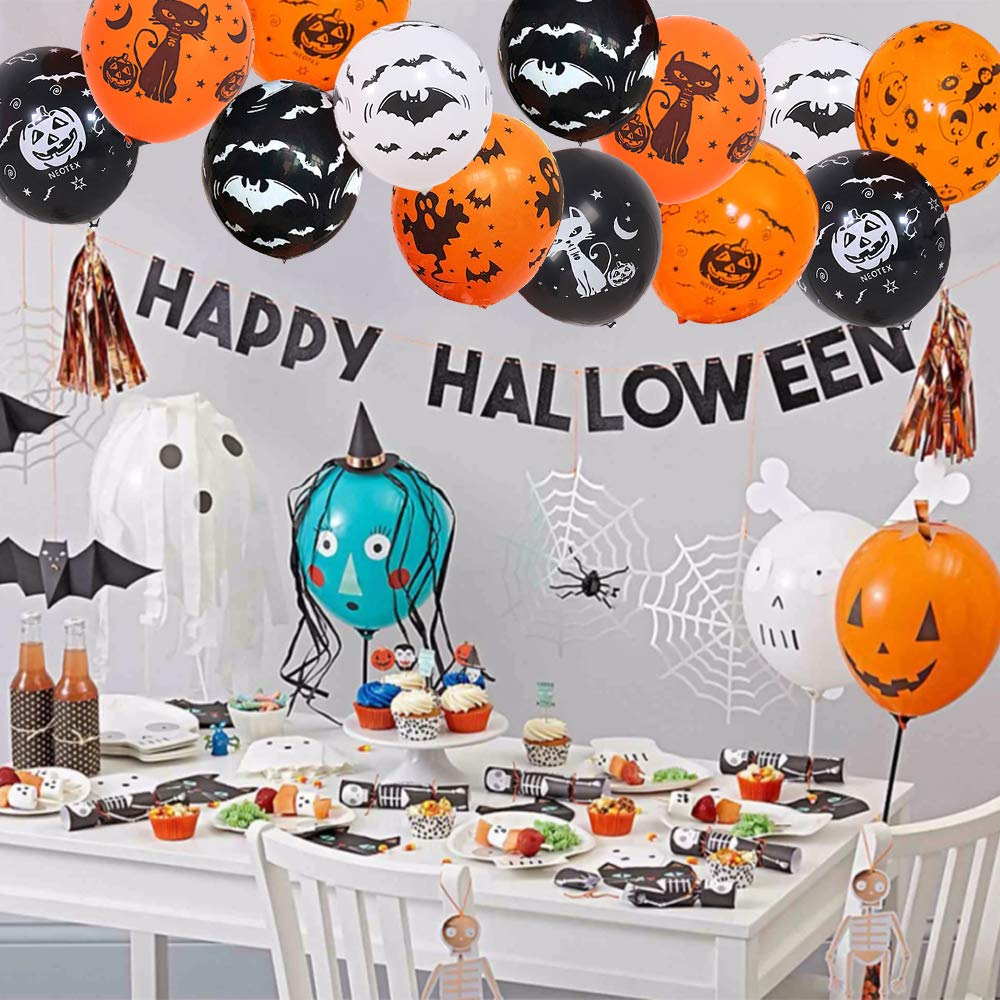 Halloween Decorations Latex Balloons, 50pcs 12 Inch Pumpkin Bat Ghost Skull Spider Web Balloon for Halloween Party Supplies Trick or Treat Toys