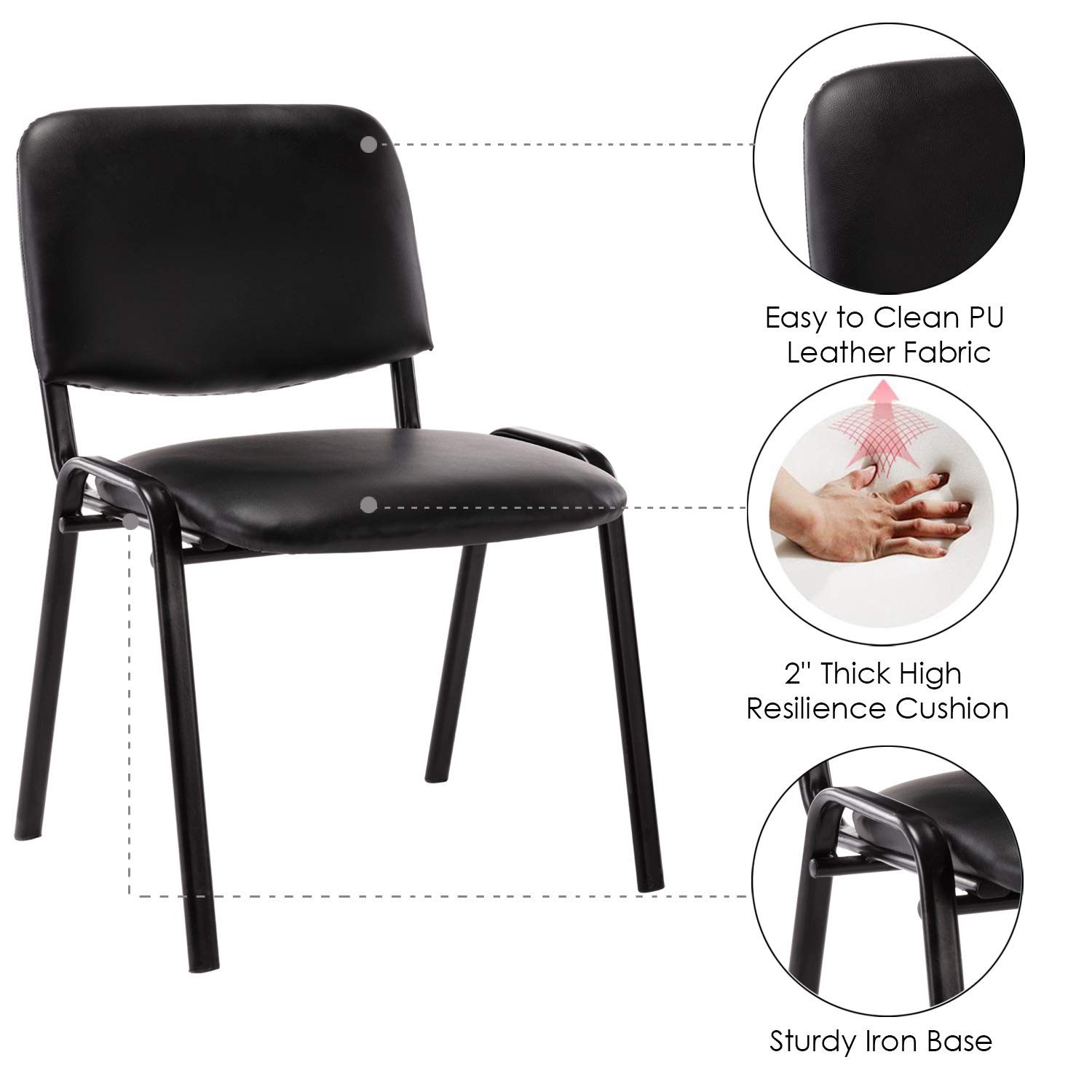 Waiting Room Chairs Stackable Conference Room Chairs No Wheels Office Guest Chair No Arms Reception Chairs for School Breakroom Banquet Church Lobby (Leather-Cushion,Black,5PCS)