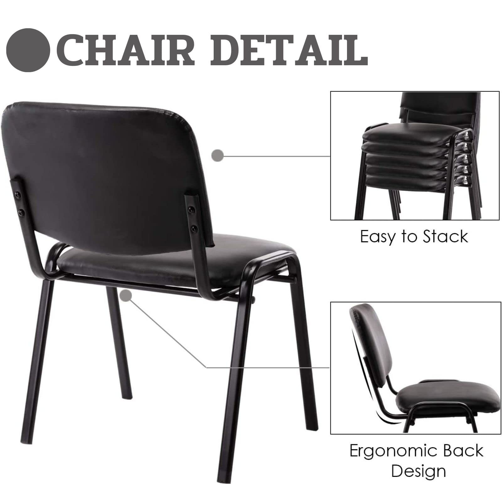 Waiting Room Chairs Stackable Conference Room Chairs No Wheels Office Guest Chair No Arms Reception Chairs for School Breakroom Banquet Church Lobby (Leather-Cushion,Black,5PCS)