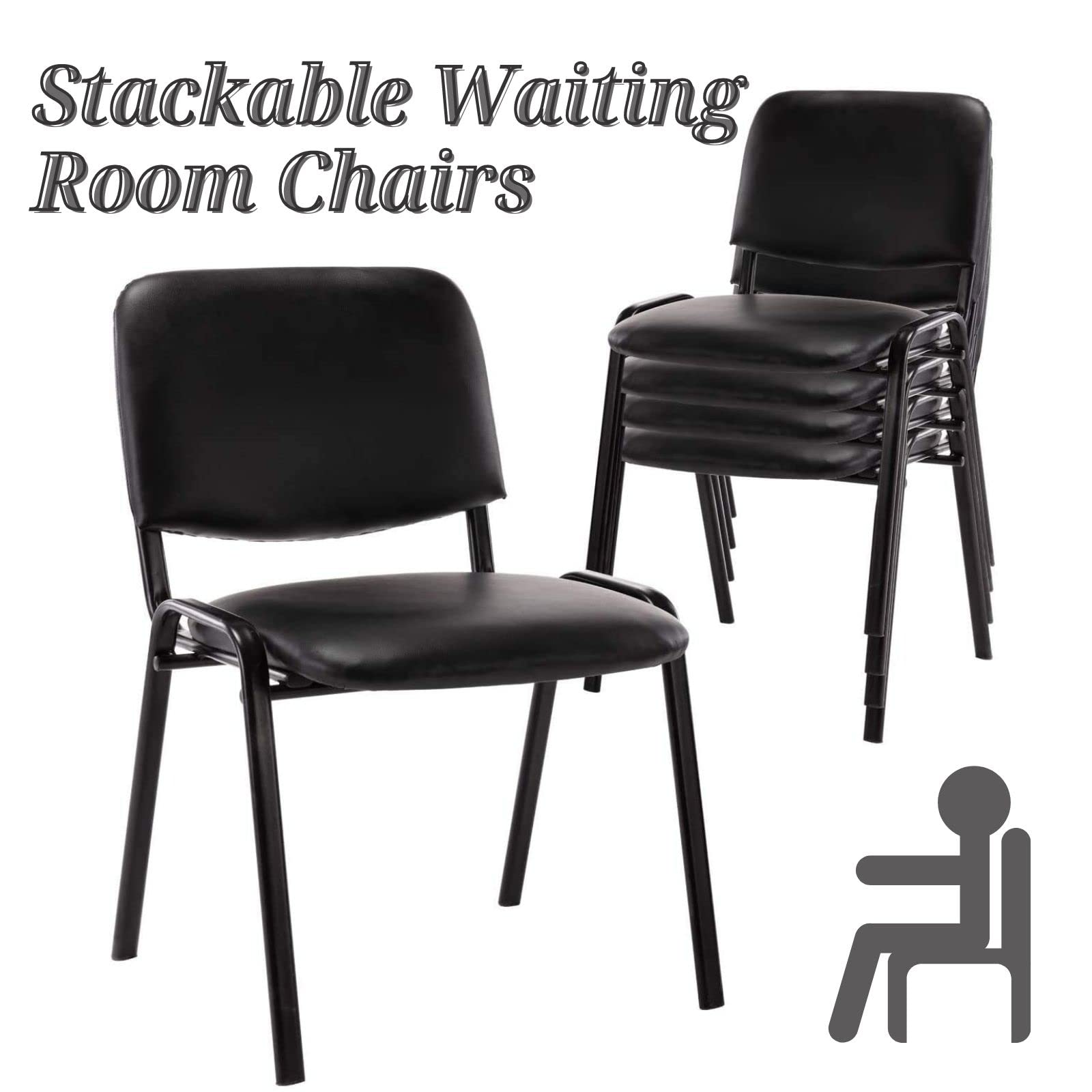 Waiting Room Chairs Stackable Conference Room Chairs No Wheels Office Guest Chair No Arms Reception Chairs for School Breakroom Banquet Church Lobby (Leather-Cushion,Black,5PCS)