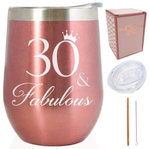 30 & fabulous - 30th birthday, christmas, new year present for her-12 oz rose gold stainless steel wine tumbler/coffee cup/mug/glass w/lid & straw, funny sayings idea for women sister friend bff wife