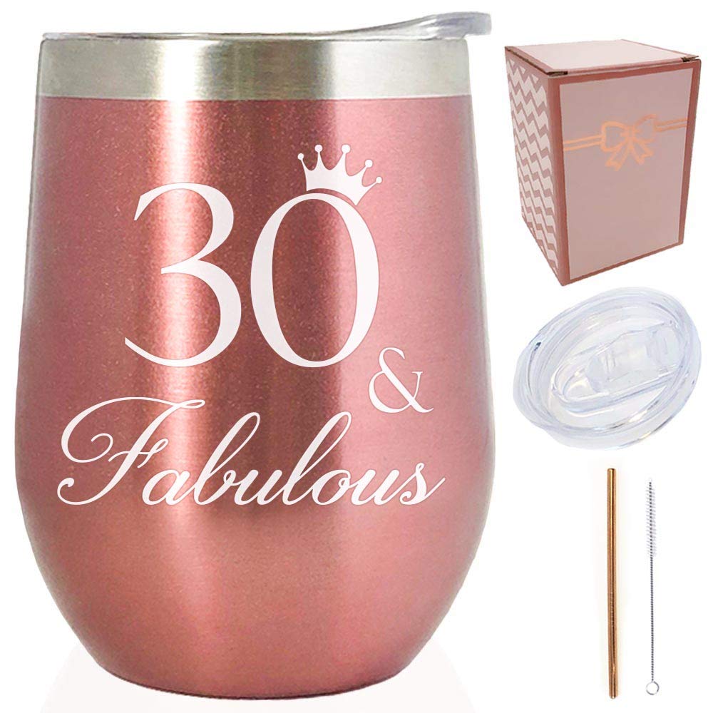 30 & Fabulous - 30th Birthday, Christmas, New Year Present for her-12 oz Rose Gold Stainless Steel Wine Tumbler/Coffee Cup/Mug/Glass w/Lid & Straw, Funny Sayings Idea for Women Sister Friend BFF Wife