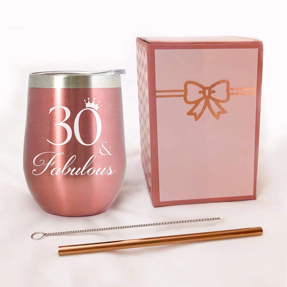 30 & Fabulous - 30th Birthday, Christmas, New Year Present for her-12 oz Rose Gold Stainless Steel Wine Tumbler/Coffee Cup/Mug/Glass w/Lid & Straw, Funny Sayings Idea for Women Sister Friend BFF Wife