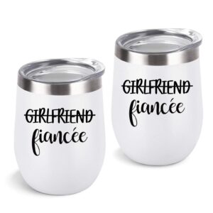 lifecapido girlfriend and girlfriend wine tumbler lesbian couple gifts, engagement wedding valentine’s day lgbt gifts for girlfriend, 12 oz stainless steel fiancée wine tumbler set with lids, white