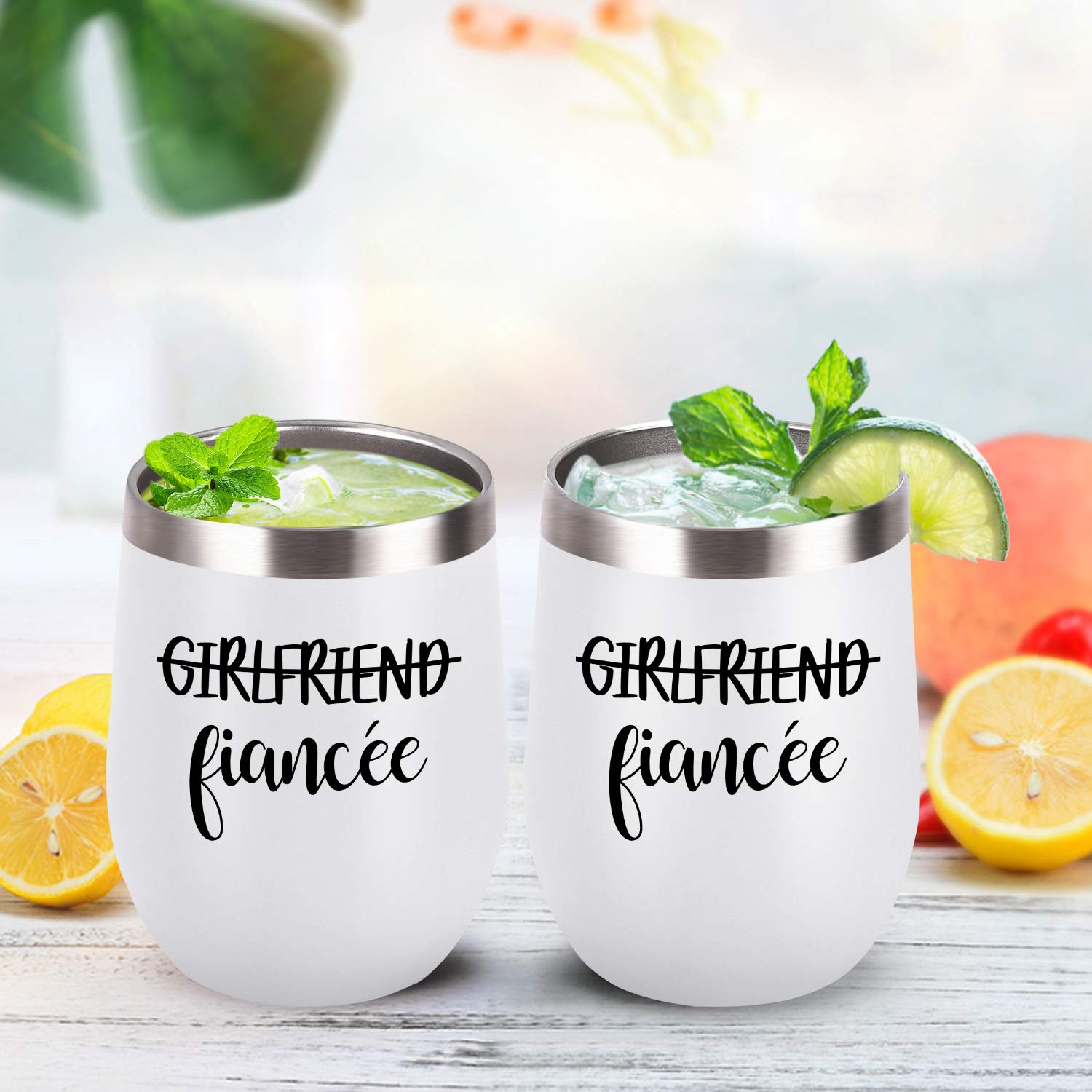 Lifecapido Girlfriend and Girlfriend Wine Tumbler Lesbian Couple Gifts, Engagement Wedding Valentine’s Day LGBT Gifts for Girlfriend, 12 Oz Stainless Steel Fiancée Wine Tumbler Set with Lids, White