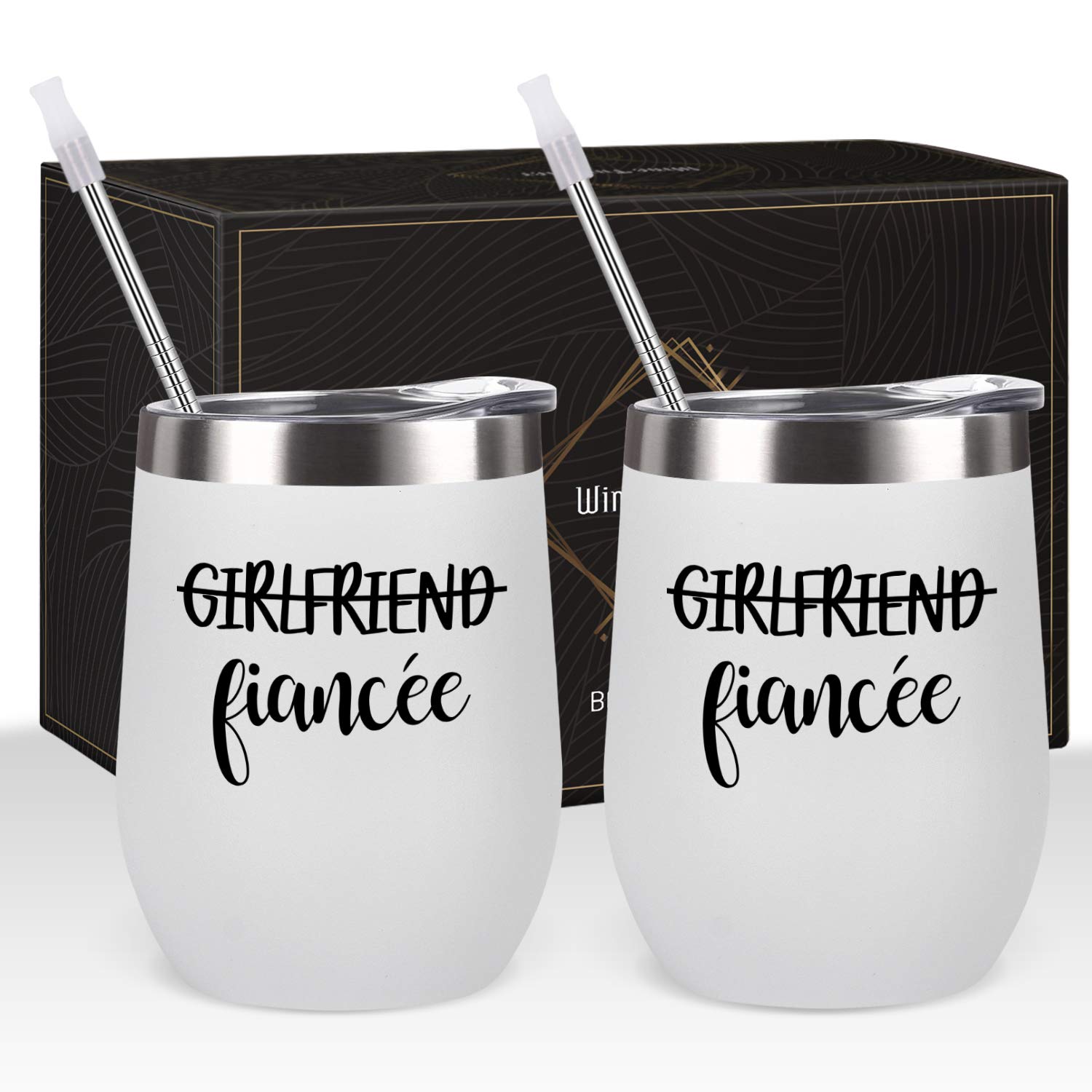 Lifecapido Girlfriend and Girlfriend Wine Tumbler Lesbian Couple Gifts, Engagement Wedding Valentine’s Day LGBT Gifts for Girlfriend, 12 Oz Stainless Steel Fiancée Wine Tumbler Set with Lids, White