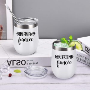 Lifecapido Girlfriend and Girlfriend Wine Tumbler Lesbian Couple Gifts, Engagement Wedding Valentine’s Day LGBT Gifts for Girlfriend, 12 Oz Stainless Steel Fiancée Wine Tumbler Set with Lids, White