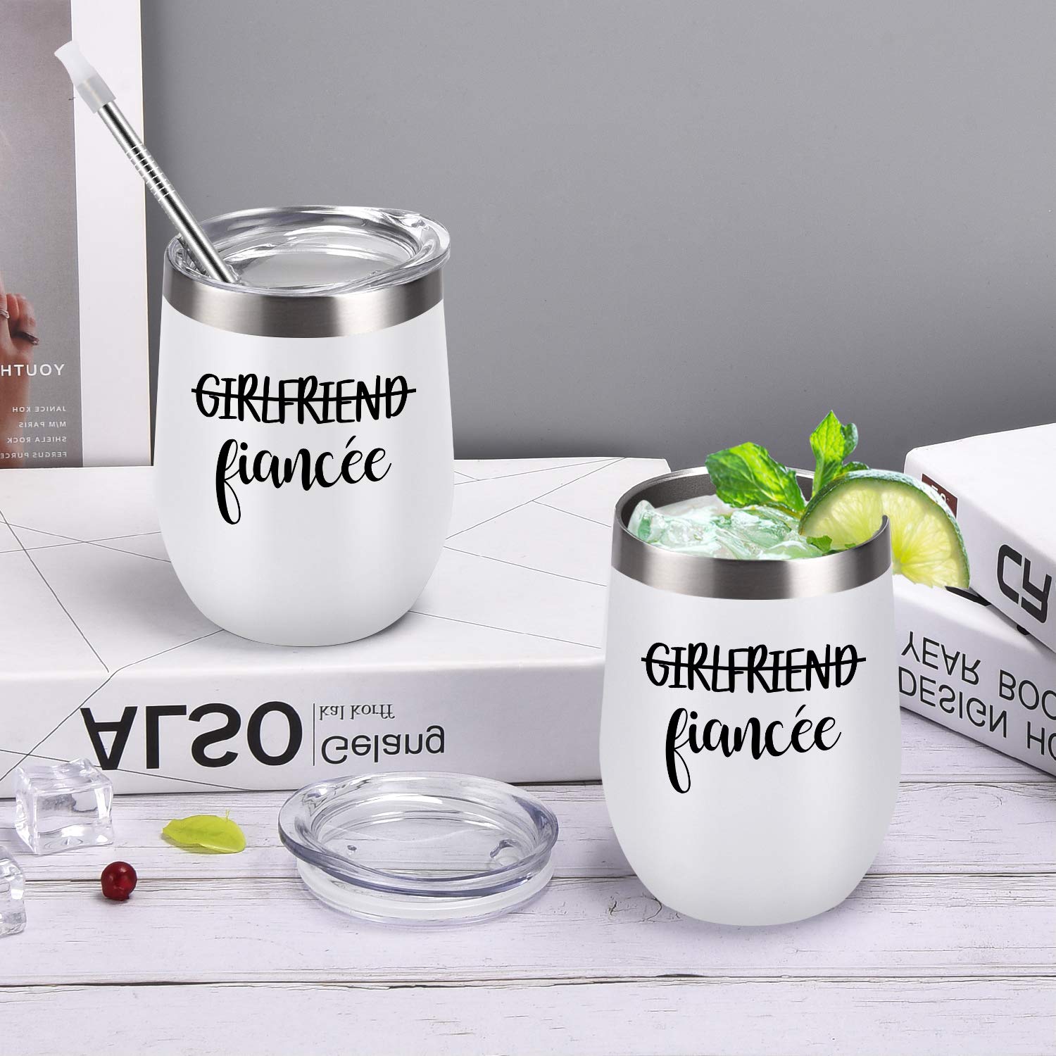 Lifecapido Girlfriend and Girlfriend Wine Tumbler Lesbian Couple Gifts, Engagement Wedding Valentine’s Day LGBT Gifts for Girlfriend, 12 Oz Stainless Steel Fiancée Wine Tumbler Set with Lids, White