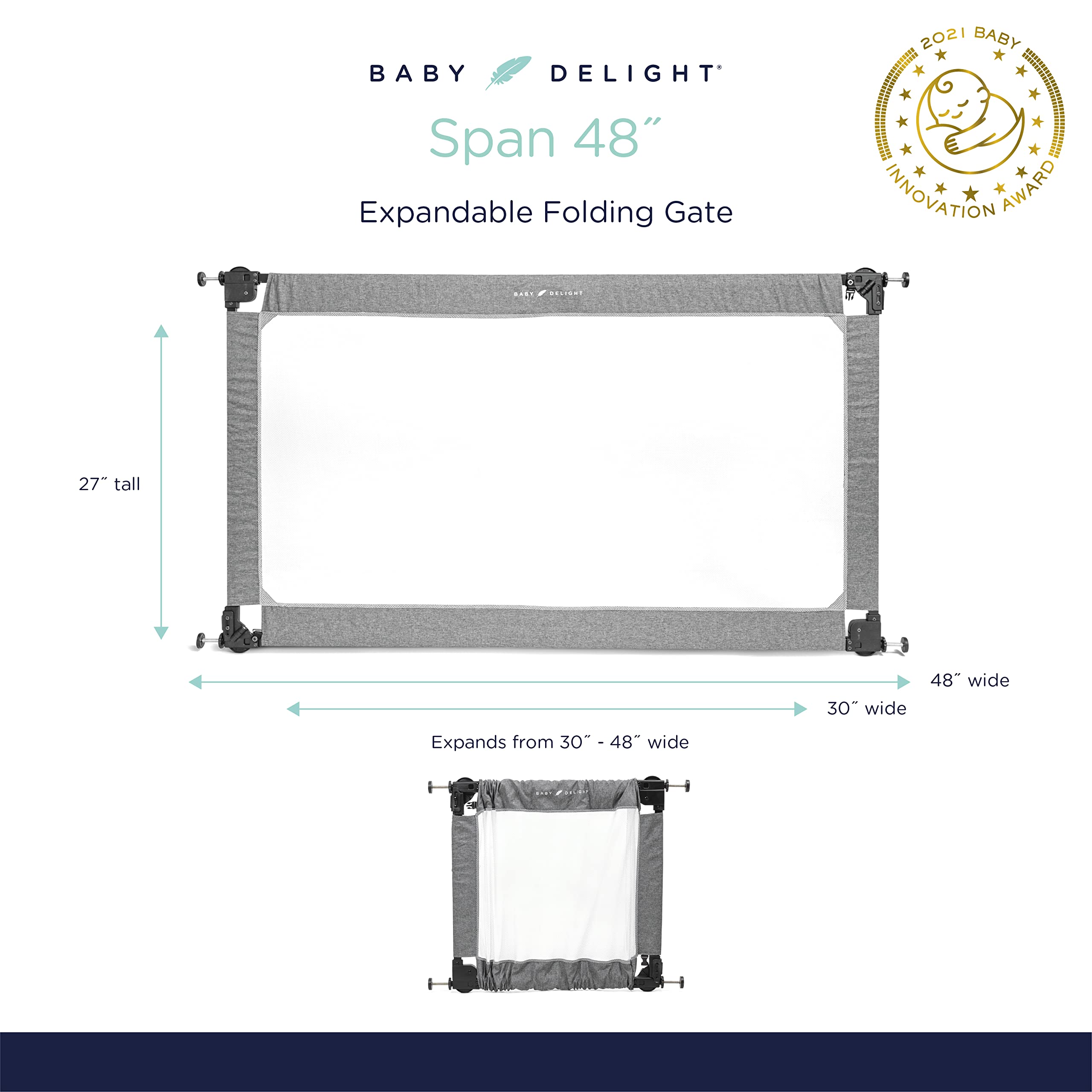 Baby Delight Go with Me Portable Mesh Baby Gate | Span 30-48" Expandable Folding Gate | Pressure Mounted | Charcoal Tweed