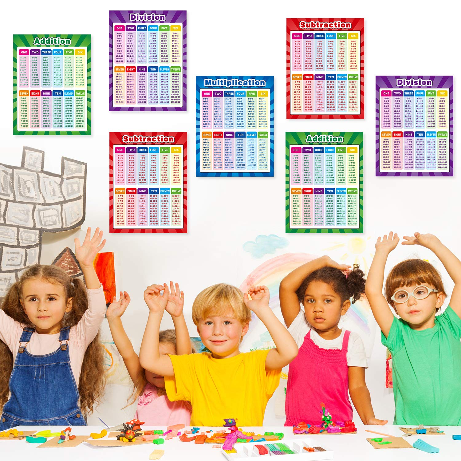 Extra Large Educational Math Posters, Multiplication Division Addition Subtraction Educational Table Chart Posters for Kids, Elementary Middle School Classroom, 17 x 22 Inch (Assorted Style, 4 Pieces)