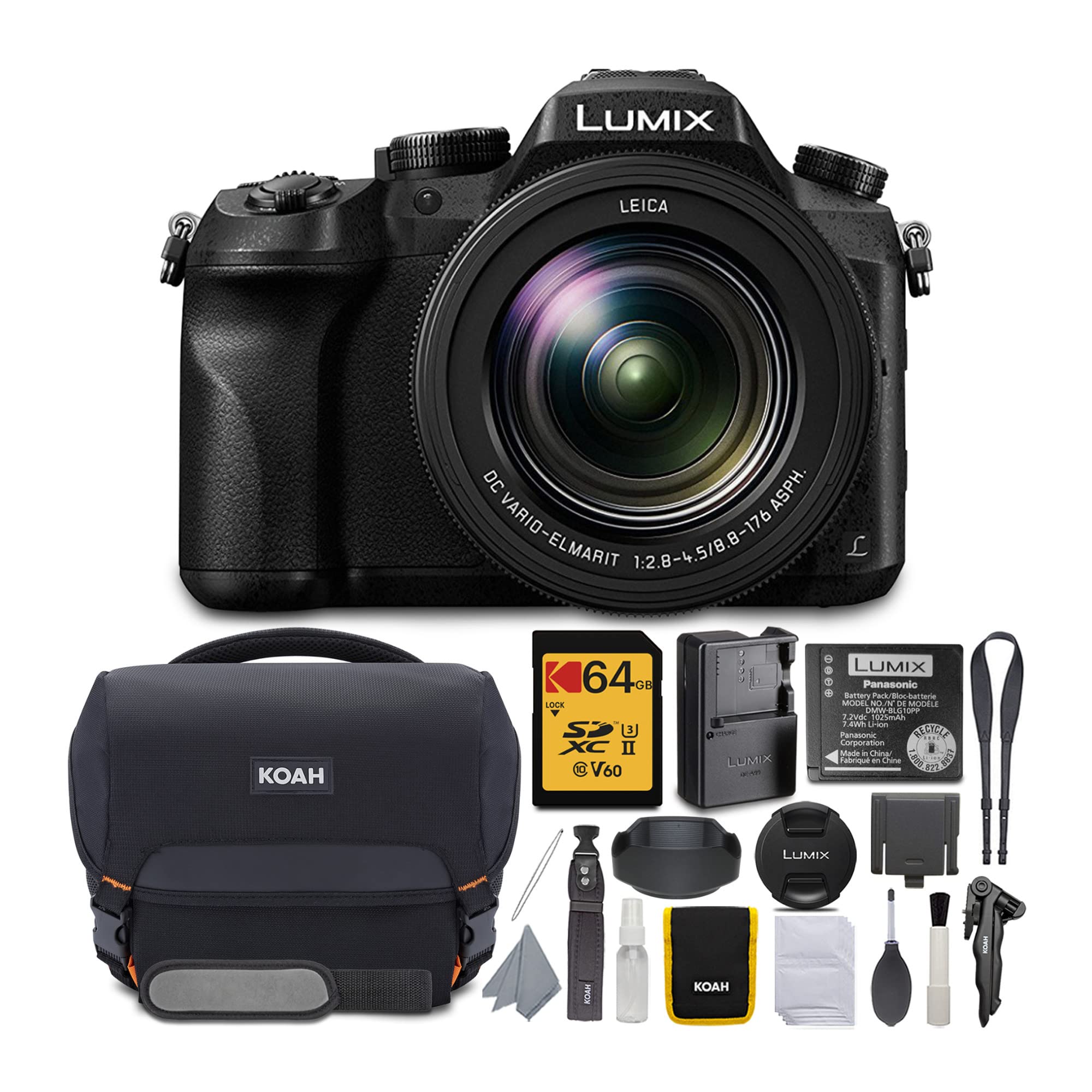 Panasonic LUMIX FZ2500 4K Point and Shoot Camera with 64GB USH-II V60 SD Card and Koah Roebling Gadget Bag with Accessory Bundle (3 Items)