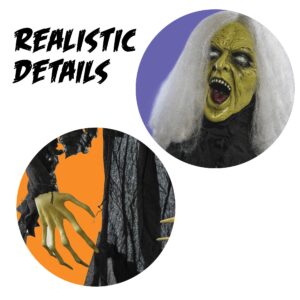 PREXTEX Zombie Halloween Decorations - Groundbreaker Gray Haired 66'' (5.5 feet) Zombie Skull with Posable Skeletal Hands - Best Decoration Prop for Garden, Lawn, Car, Indoor, Outdoor etc.