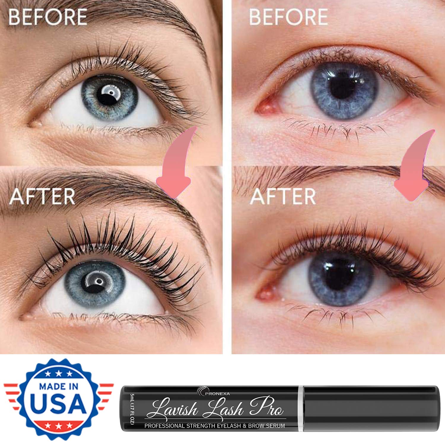 Lavish Lash Pro by Pronexa Hairgenics. Professional Strength Eyelash & Eyebrow Growth Serum. Over 20 Active Growth Promoting Ingredients for the Longest, Fullest Lashes & Brows. 5mL, 6 Month Supply.