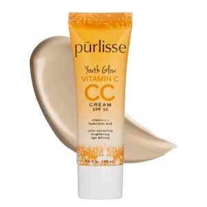 pūrlisse youth glow vitamin c cc cream spf 50: cruelty-free & clean, paraben & sulfate-free, full coverage, hydrates with hyaluronic acid | light 1.4oz