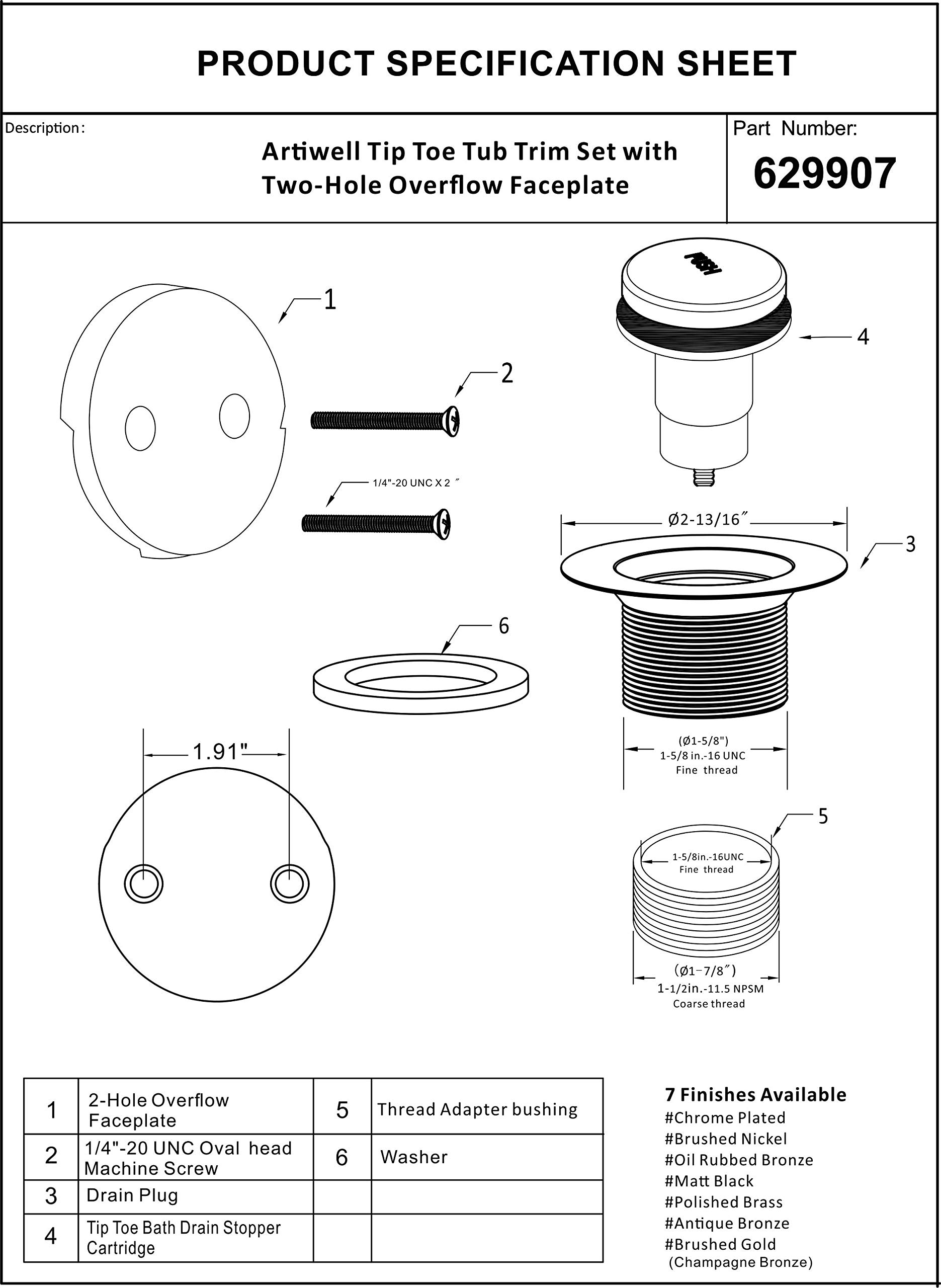 Artiwell Tip-Toe Tub Trim Set with Two-Hole Overflow Faceplate, Replacement Bath Drain Trim Kit with 2-Hole Overflow Faceplate and Universal Fine/Coarse Thread (Chrome Plated)