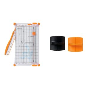 fiskars surecuttm deluxe craft paper trimmer + replacement blades bundle - 12” cut length - grid lines - 2 blade pack