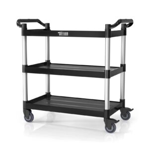 tuffiom plastic service utility cart with wheels,heavy duty 450lbs capacity, 3-tier commercial rolling, ideal for restaurant, foodservice, office, warehouse, black 40.4''l x 19.7''w x 38.6''h