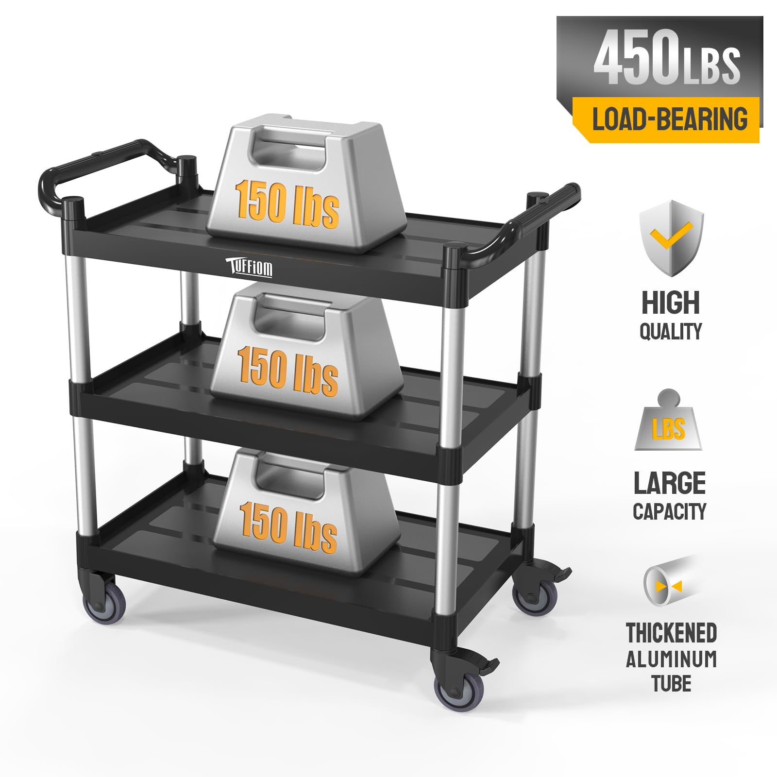 TUFFIOM Plastic Service Utility Cart with Wheels,Heavy Duty 450lbs Capacity, 3-Tier Commercial Rolling, Ideal for Restaurant, Foodservice, Office, Warehouse, Black 40.4''L x 19.7''W x 38.6''H