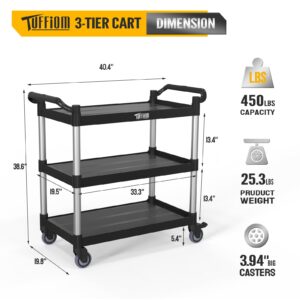 TUFFIOM Plastic Service Utility Cart with Wheels,Heavy Duty 450lbs Capacity, 3-Tier Commercial Rolling, Ideal for Restaurant, Foodservice, Office, Warehouse, Black 40.4''L x 19.7''W x 38.6''H