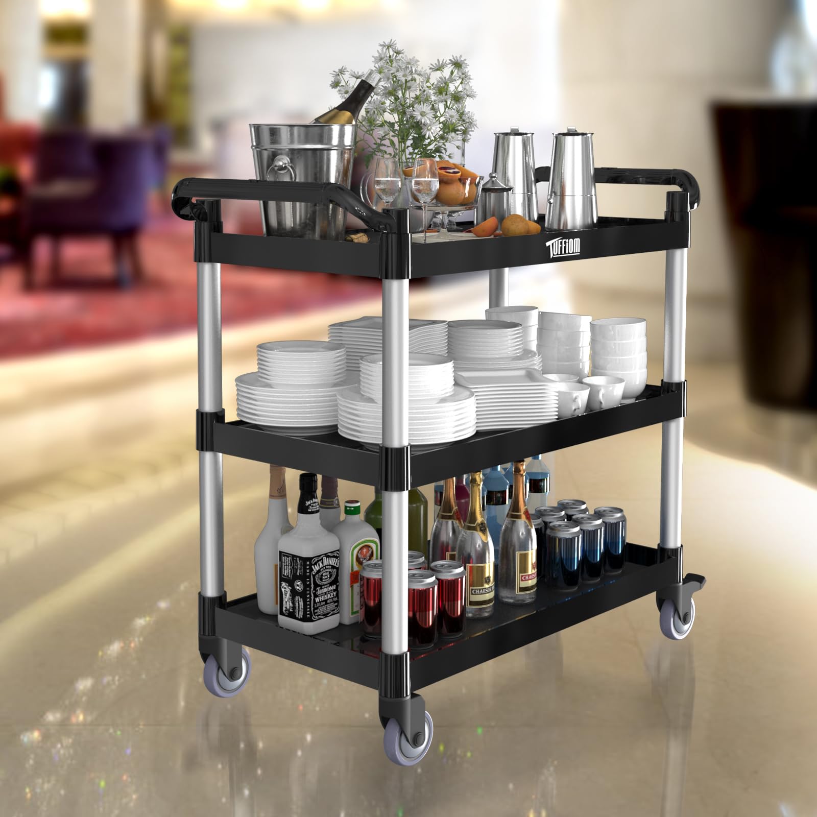 TUFFIOM Plastic Service Utility Cart with Wheels,Heavy Duty 450lbs Capacity, 3-Tier Commercial Rolling, Ideal for Restaurant, Foodservice, Office, Warehouse, Black 40.4''L x 19.7''W x 38.6''H