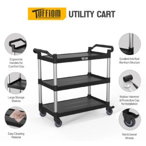 TUFFIOM Plastic Service Utility Cart with Wheels,Heavy Duty 450lbs Capacity, 3-Tier Commercial Rolling, Ideal for Restaurant, Foodservice, Office, Warehouse, Black 40.4''L x 19.7''W x 38.6''H