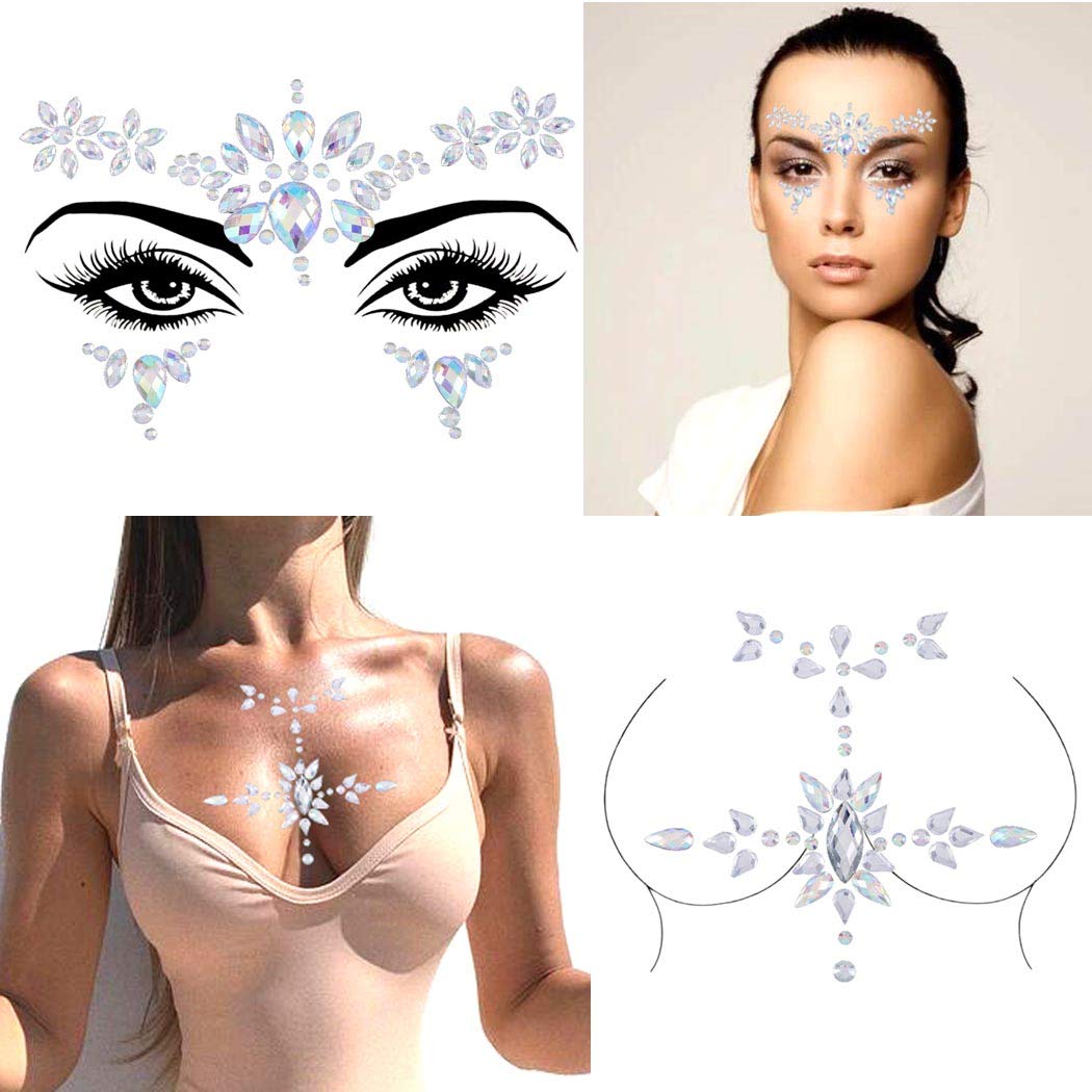 Blindery Rhinestone Face Gems Mermaid Cross Chest Gem Crystal Eyes Face Stickers Jewels Body Rave Festival Party Face Jewelry for Women and Girls 2PCS