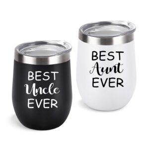 aunt uncle gifts, best aunt and uncle ever gift set, 2 pack wine tumbler with lid and straw, funny christmas birthday gifts for aunt uncle, 12 oz insulated stainless steel tumbler, black and white