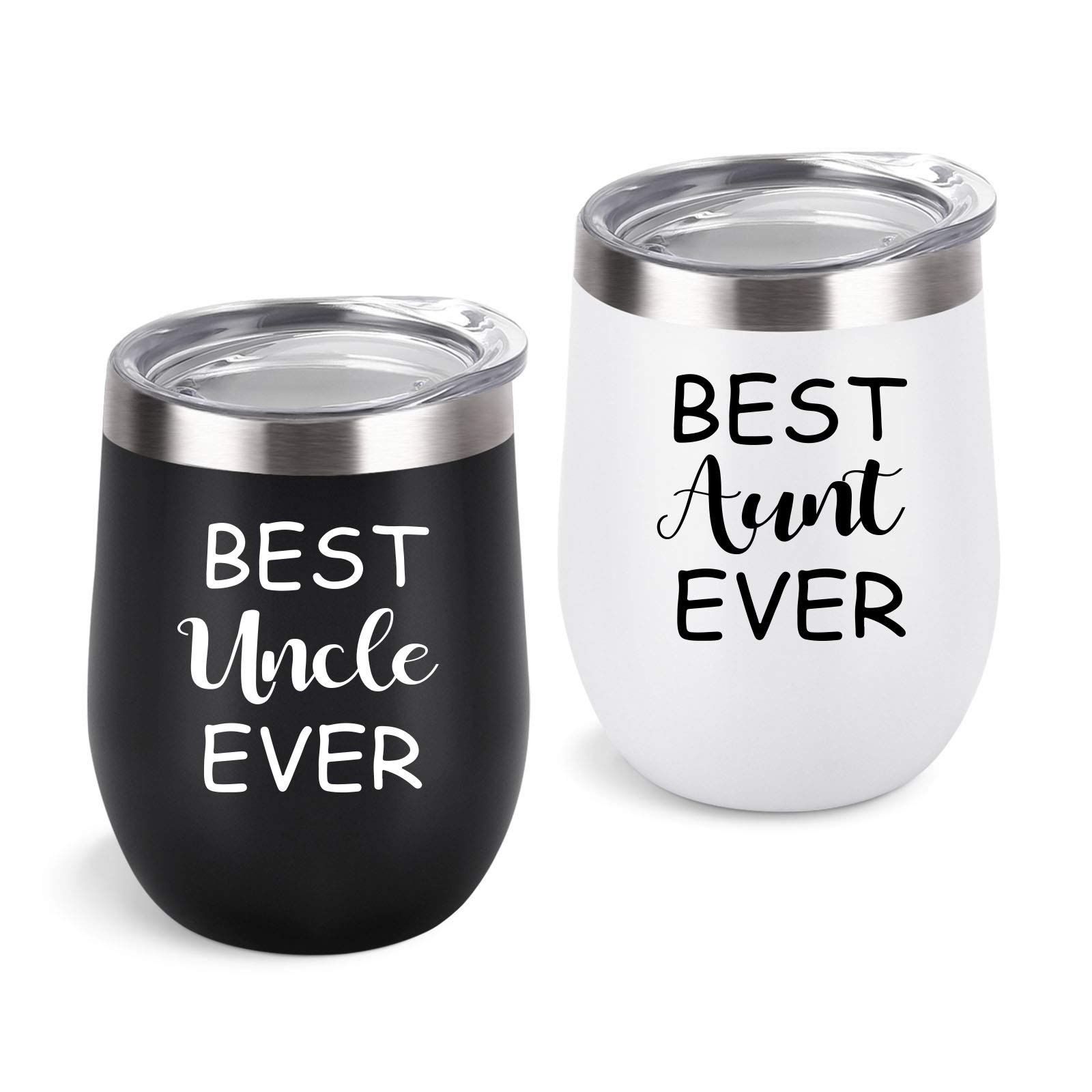 Aunt Uncle Gifts, Best Aunt and Uncle Ever Gift Set, 2 Pack Wine Tumbler with Lid and Straw, Funny Christmas Birthday Gifts for Aunt Uncle, 12 Oz Insulated Stainless Steel Tumbler, Black and White