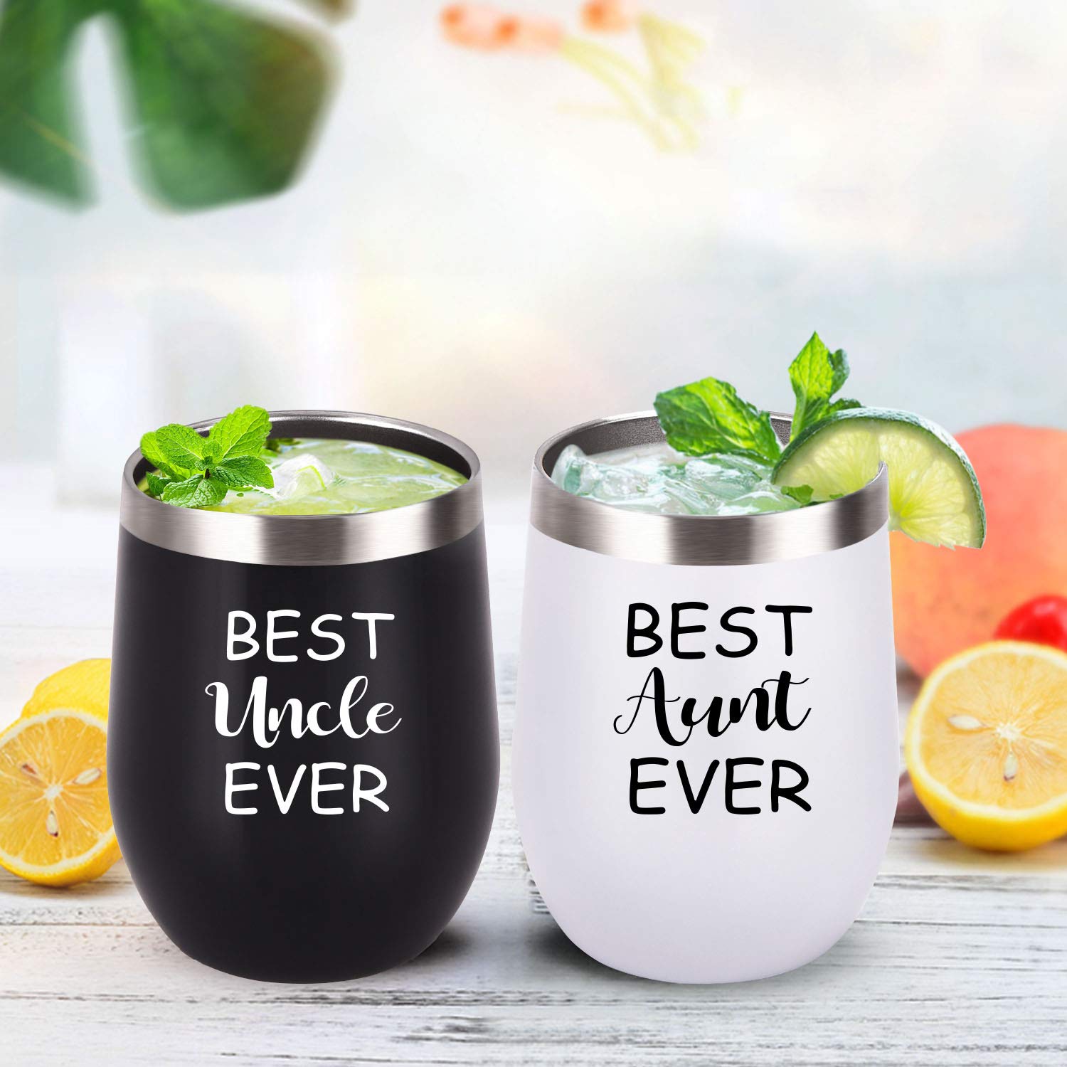Aunt Uncle Gifts, Best Aunt and Uncle Ever Gift Set, 2 Pack Wine Tumbler with Lid and Straw, Funny Christmas Birthday Gifts for Aunt Uncle, 12 Oz Insulated Stainless Steel Tumbler, Black and White