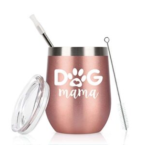 dog mom gifts, dog mama wine tumbler with lid, dog lover gifts for women, dog mom, dog owner, friends, funny christmas birthday mothers day gifts, 12 oz insulated stainless steel tumbler, rose gold