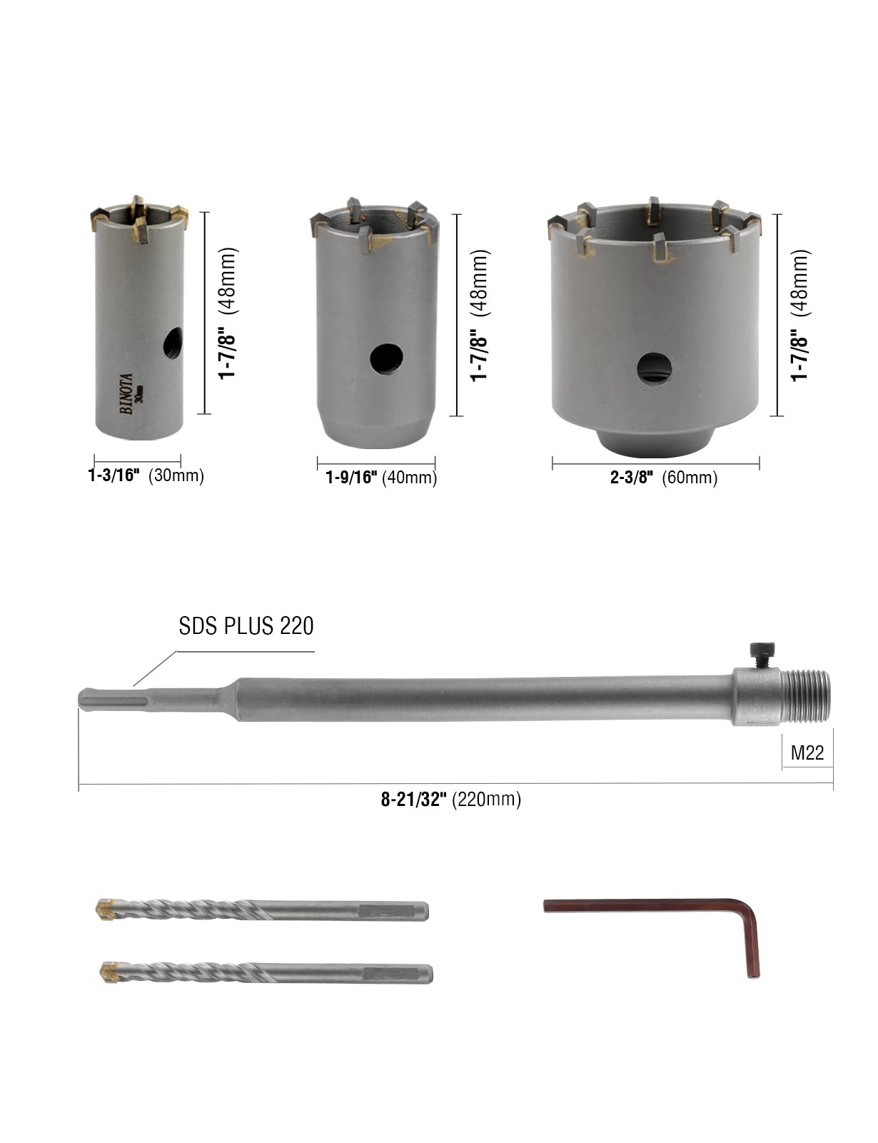 BINOTA Concrete Hole Saw, Kit 40 55 80 100 110 130 MM, Arbor SDS Plus and MAX 300mm, for Masonry Cement Wall Brick Sands Stone Sable-Rock Self-Leveling