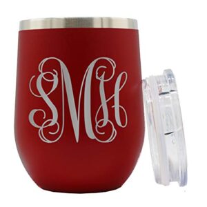 custom personalized vine monogram powder coated 12 oz insulated wine tumbler - monogrammed for wife, her, women, mom (maroon)