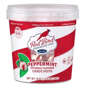 red bird soft peppermint candy puffs, 18 oz bucket of mints individually wrapped, non-gmo verified, kosher