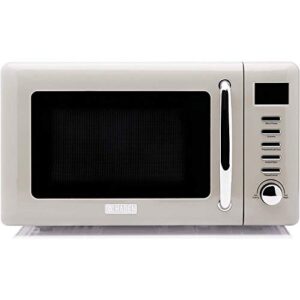 haden cotswold vintage retro 700 watt countertop microwave oven kitchen appliance with turntable, pull handle, and 5 power levels, putty