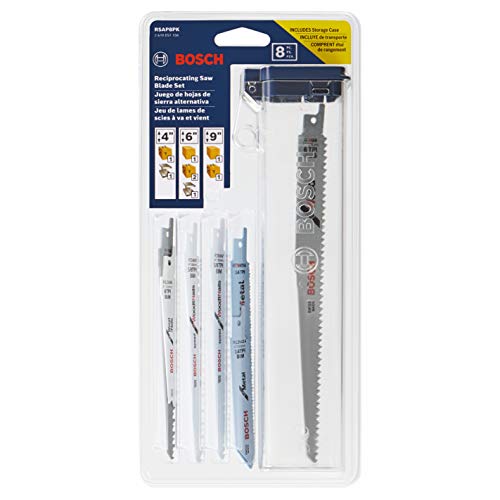 BOSCH RSAP8PK 8-Piece All-Purpose Reciprocating Saw Blade Assorted Set Ideal for Applications in Wood, Wood with Nails, Metal, Drywall, Plastic, PVC