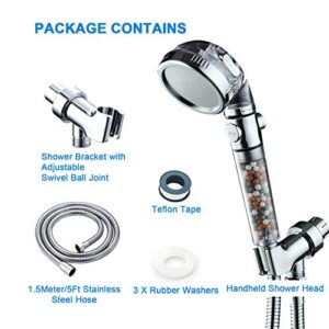 KAIREY Zen Shower Head with Beads On/Off,3 Function High Pressure Water Saving Filtered Handheld Ionic Showerhead,Anion Energy Ball Purifying Water Shower,with 60 Inch Shower Hose and Bracket