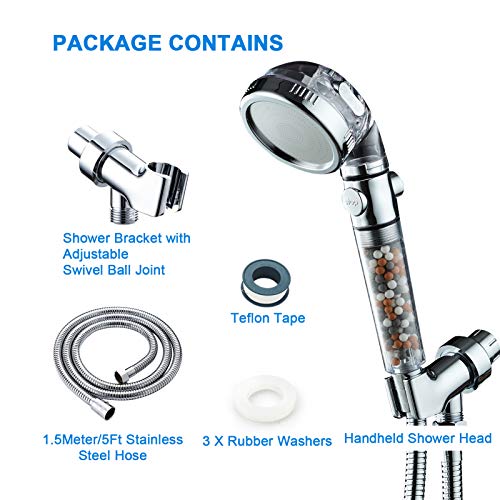 KAIREY Zen Shower Head with Beads On/Off,3 Function High Pressure Water Saving Filtered Handheld Ionic Showerhead,Anion Energy Ball Purifying Water Shower,with 60 Inch Shower Hose and Bracket