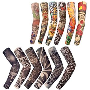 12 pcs temporary tattoo sleeves for men women seamless,arts arm sunscreen fake piercings tattoos cover up sleeves,designs tiger, crown heart, skull, tribal,etc unisex stretchable cosplay accessories