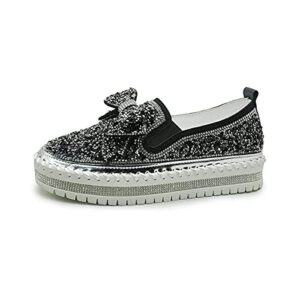 naisi women's rhinestones glitter slip on sneakers cute bowknot platform walking loafers shoes for girls (black, us:6)