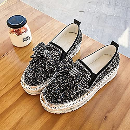 NAISI Women's Rhinestones Glitter Slip On Sneakers Cute Bowknot Platform Walking Loafers Shoes for Girls (Black, US:6)