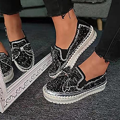 NAISI Women's Rhinestones Glitter Slip On Sneakers Cute Bowknot Platform Walking Loafers Shoes for Girls (Black, US:6)