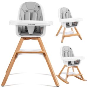 baby joy 3 in 1 high chair, baby eat & grow convertible wooden high chair/rocking chair/booster seat/toddler chair, infant dining chairs w/double removable tray, 5-point seat belt & pu cushion, gray