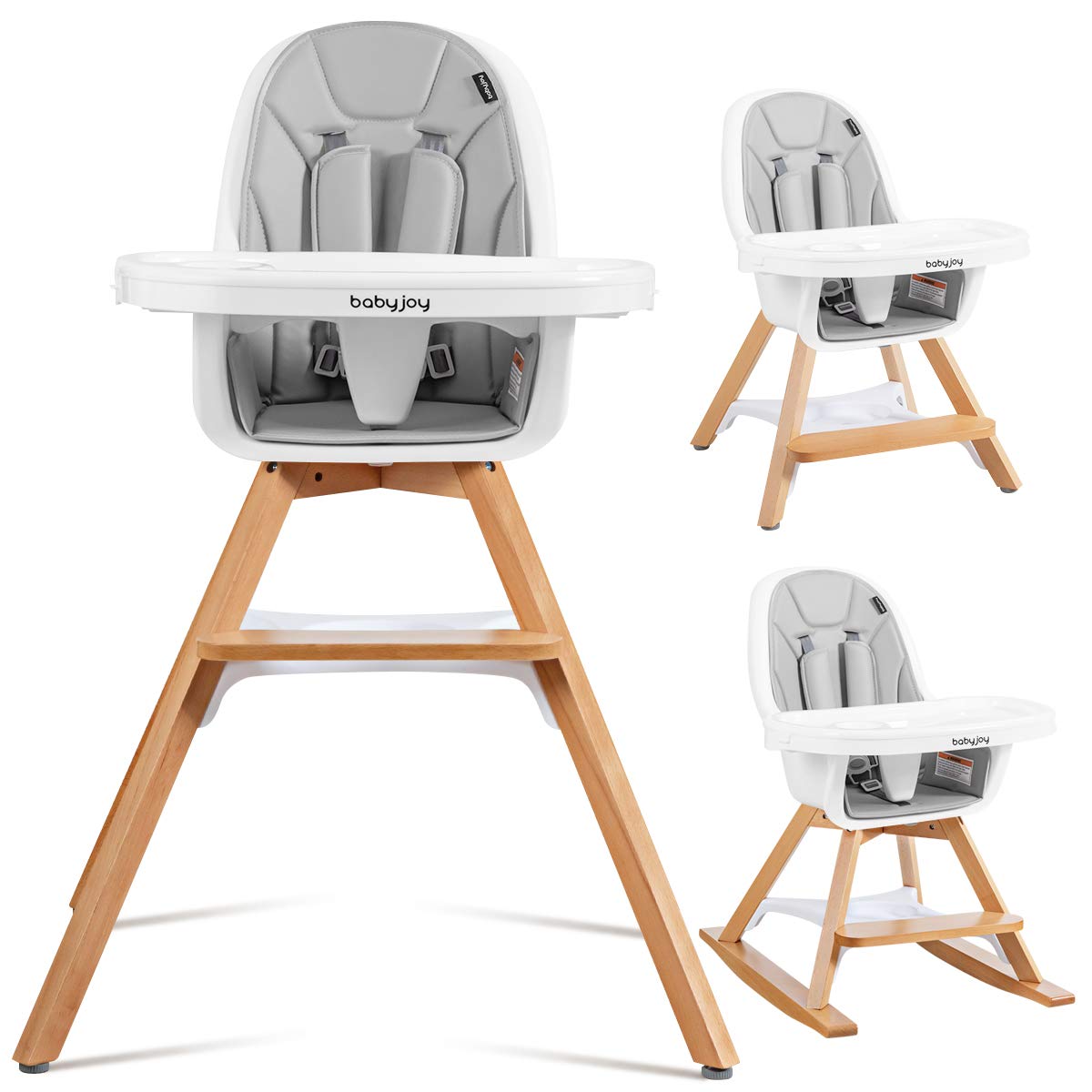 BABY JOY 3 in 1 High Chair, Baby Eat & Grow Convertible Wooden High Chair/Rocking Chair/Booster Seat/Toddler Chair, Infant Dining Chairs w/Double Removable Tray, 5-Point Seat Belt & PU Cushion, Gray