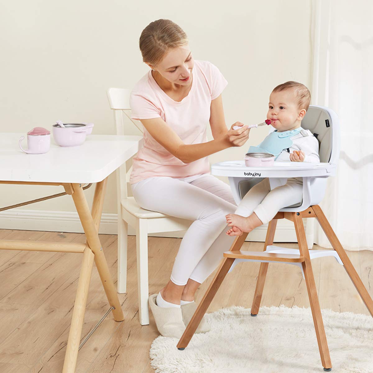 BABY JOY 3 in 1 High Chair, Baby Eat & Grow Convertible Wooden High Chair/Rocking Chair/Booster Seat/Toddler Chair, Infant Dining Chairs w/Double Removable Tray, 5-Point Seat Belt & PU Cushion, Gray