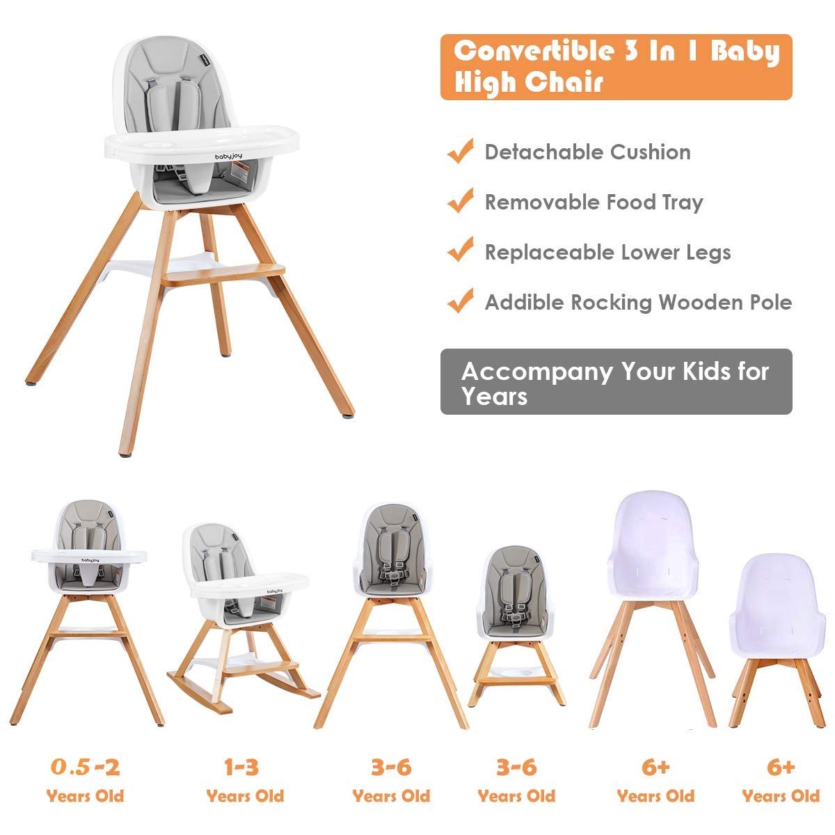 BABY JOY 3 in 1 High Chair, Baby Eat & Grow Convertible Wooden High Chair/Rocking Chair/Booster Seat/Toddler Chair, Infant Dining Chairs w/Double Removable Tray, 5-Point Seat Belt & PU Cushion, Gray