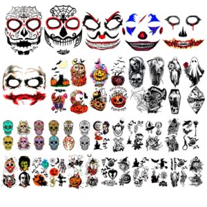 yazhiji 42 sheets halloween temporary tattoo family set day of dead pumpkin ghost for women black fake death skull skeleton tatoos for men boy and girl, halloween zombie makeup tattoo kit