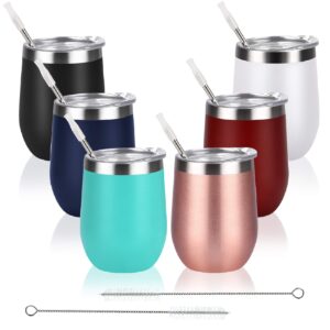 6 pack stainless steel wine tumbler wine glass, 12 oz double wall vacuum insulated stemless wine tumbler with lid straw, set of 6 cups for wine, coffee, cocktail, ice cream, mix color