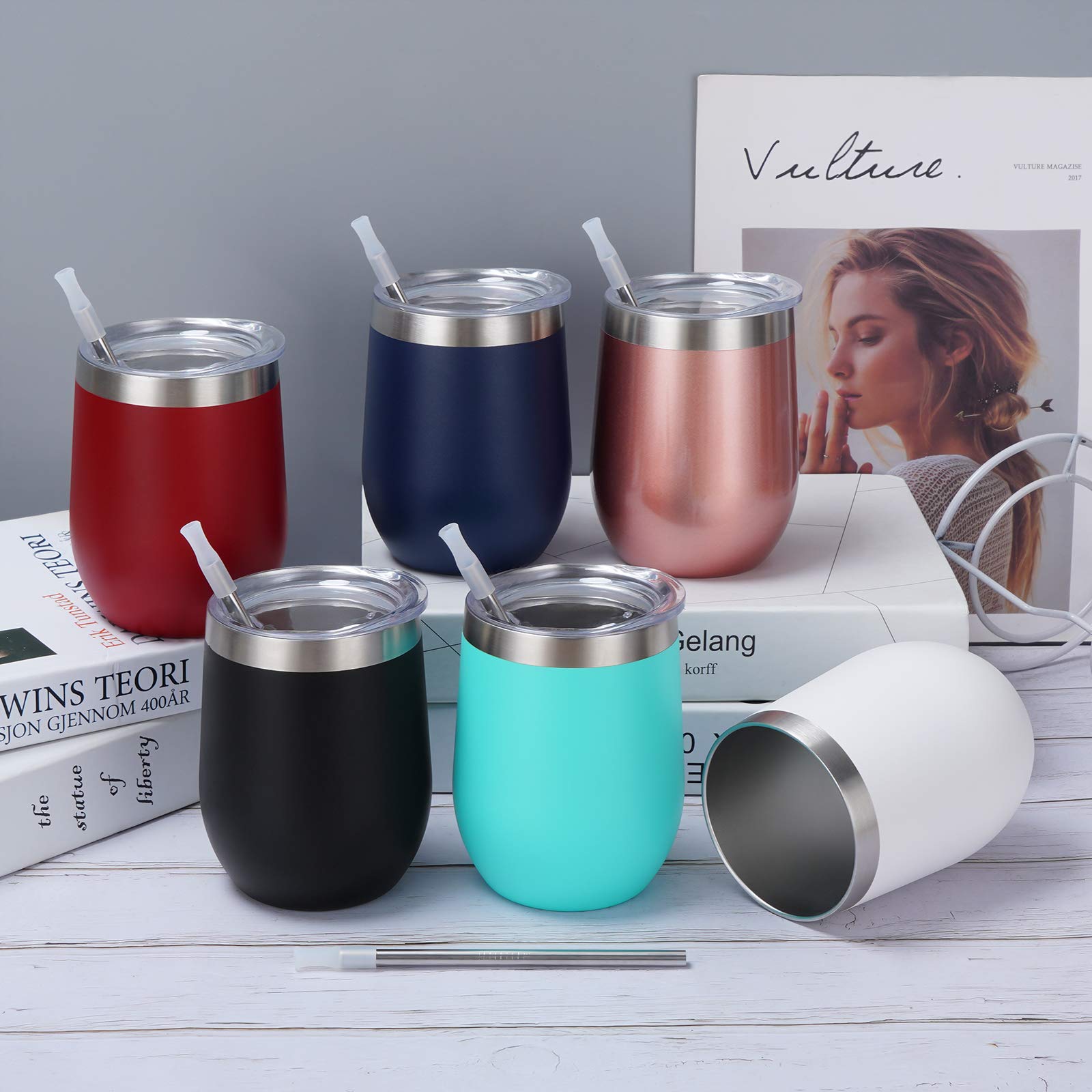 6 Pack Stainless Steel Wine Tumbler Wine Glass, 12 Oz Double Wall Vacuum Insulated Stemless Wine Tumbler with Lid Straw, Set of 6 Cups for Wine, Coffee, Cocktail, Ice Cream, Mix Color