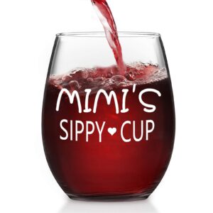 mimi’s sippy cup stemless wine glass, funny mimi wine glass for women mimi mimi to be grandma grandmother, special mimi gift idea for christmas birthday mother’s day, 15 oz